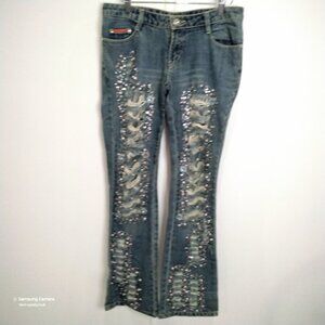 J. Secret Distressed Ripped Pearl Beaded Rhinestone Sequined Flare Leg Jeans Sm.